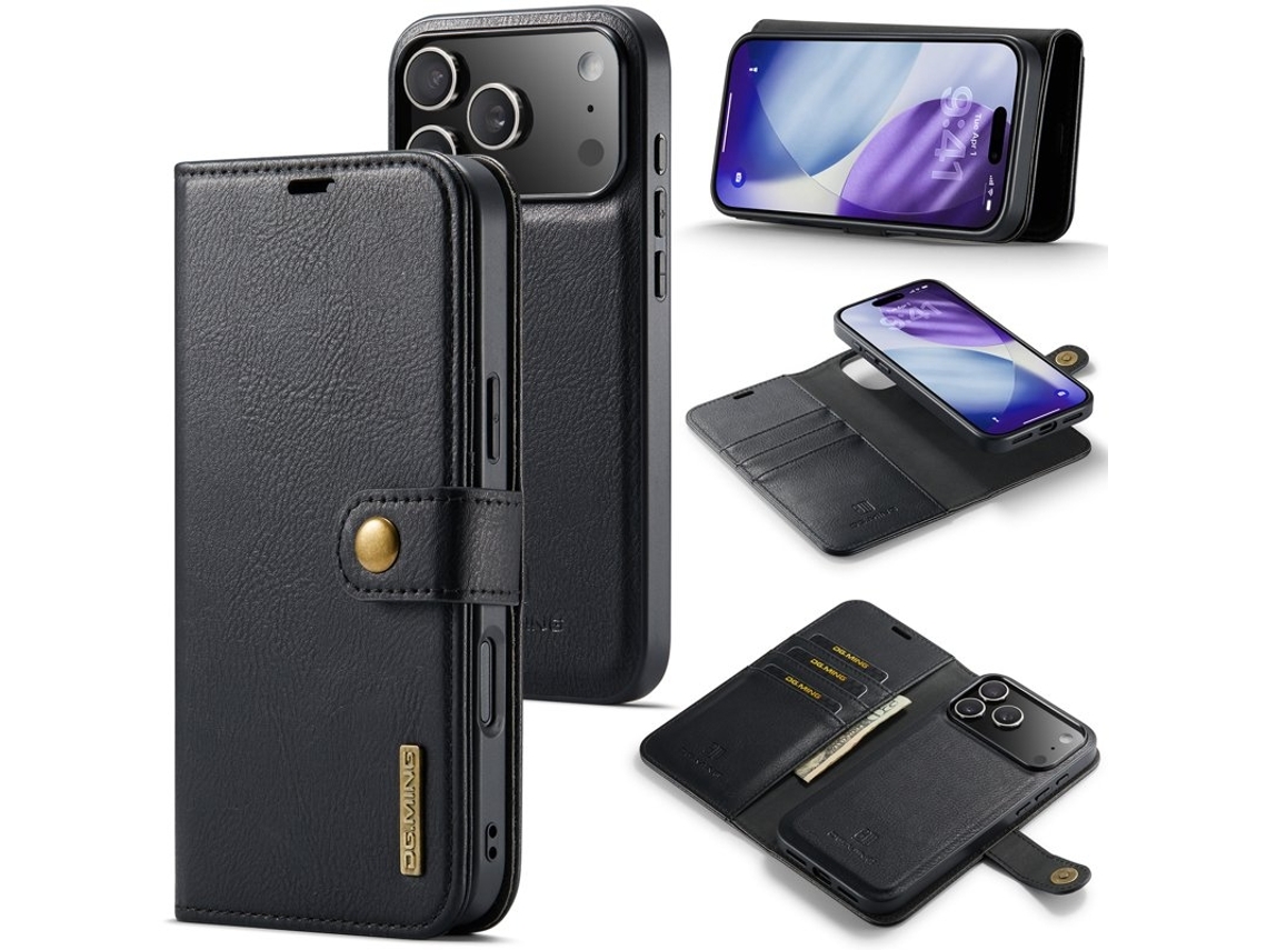 Capa Carteira Dg.ming Para Iphone 17 Pro Em Couro Genuíno Removível - Preta