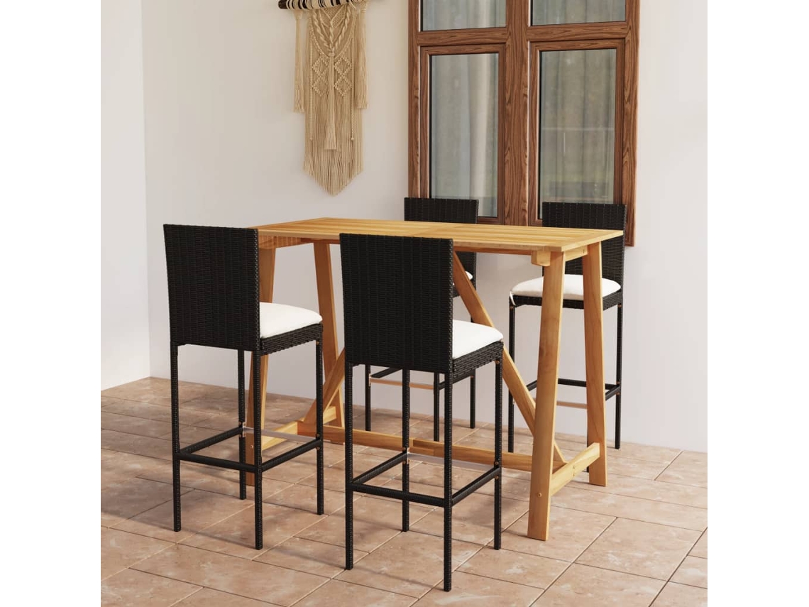 Vidaxl 5 Pcs Conjunto De Bar P/ Jardim Com Almofadões Preto
