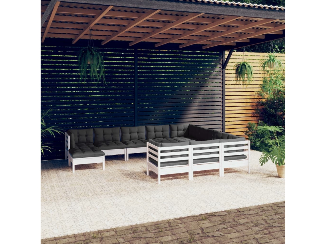 Vidaxl 11 Pcs Conjunto Lounge De Jardim C/ Almofadões Pinho Branco