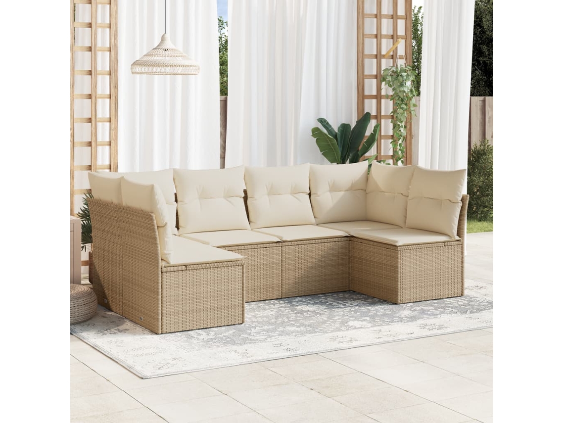 Vidaxl 6 Pcs Conjunto De Sofás P/ Jardim Com Almofadões Vime Pe Bege