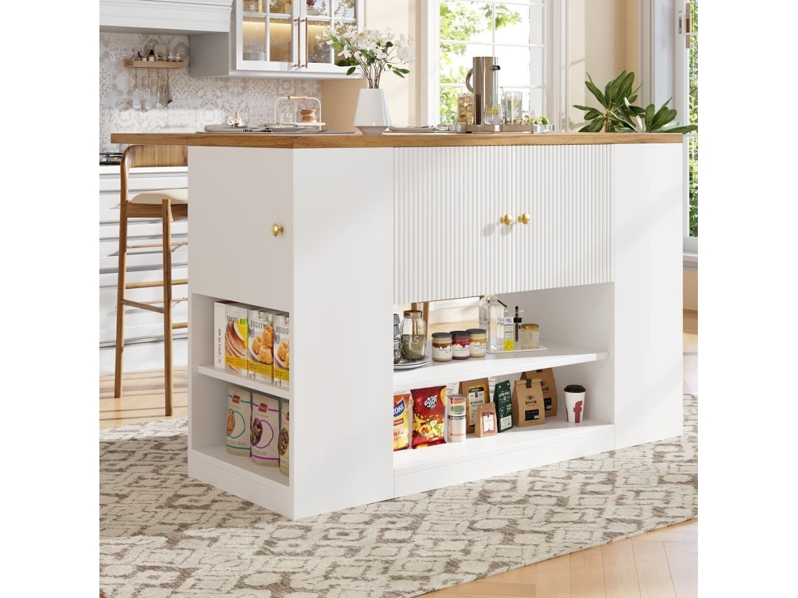 Ilha De Cozinha Moderna 140x70x90 Cm - Com Gavetas, Prateleiras E Armários - Branco