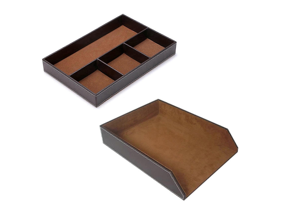 Organizador de mesa Slowmoose de 2 peças com 4 compartimentos e bandeja para cartas em couro sintético, marrom, camada única