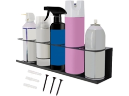 Suporte adesivo de parede para latas de aerossol em formato de tubo.