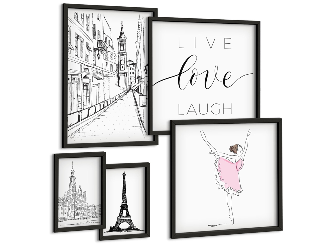 Quadros Decorativos Para Parede Cidade Litorânea, Limões E Flores Moldura Preta Imagens Para Um Quarto Infantil Espelharte (conjunto De 5 Imagens)