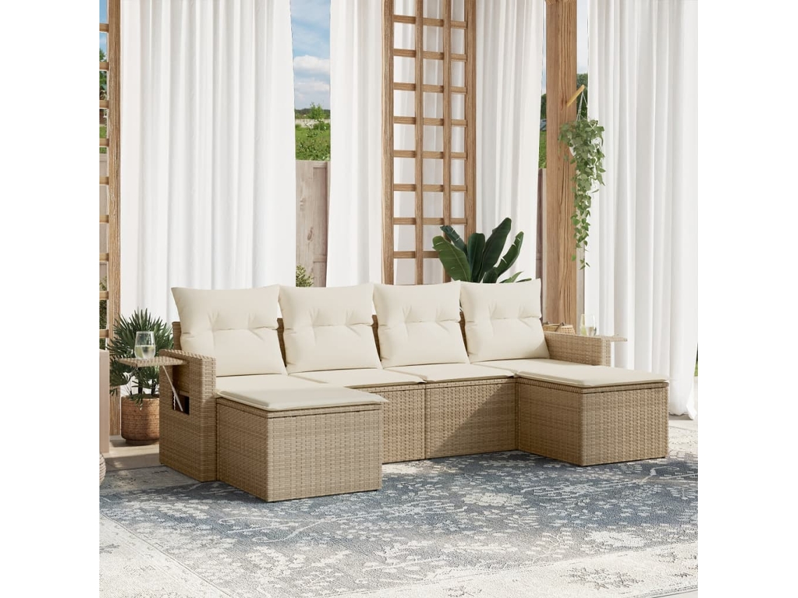Vidaxl 6 Pcs Conjunto De Sofás P/ Jardim Com Almofadões Vime Pe Bege