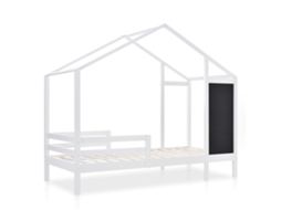 Cama infantil casinha 90x200cm em madeira maciça, com lousa, 2 gavetas e grades brancas, para quarto de criança PAPRIKA