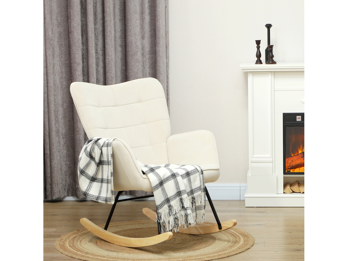 Cadeira De Balanço Com Aparência De Veludo, Braços E Pés De Madeira, Poltrona Relax Para Sala Ou Quarto, Cor Bege, Design Moderno, Resistente Btforus