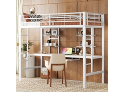 Cama Alta Metal 90x200 Com Escrivaninha E Prateleiras Brancas