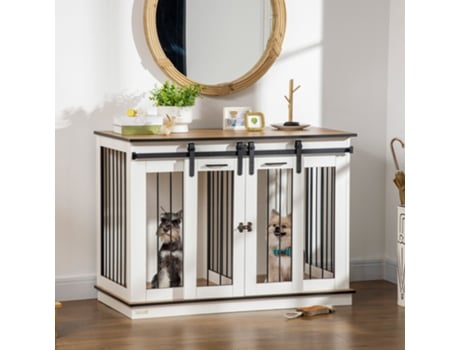 Jaula Para Cães Com Divisória, Casa Para Cães De Porta Dupla, Tamanho Médio, Branca, 120 X 60 X 88,5 Cm Quenty