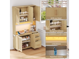 Buffet De Cozinha 183cm Led Decorativo Controlável Por App, Duas Usb, Duas Tomadas, Três Gavetas, Punhos Dourados, Prateleiras Ajustáveis