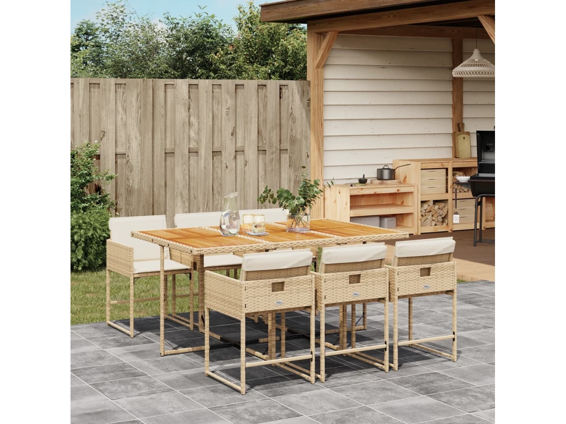 Vidaxl 7 Pcs Conjunto De Jantar P/ Jardim Com Almofadões Vime Pe Bege