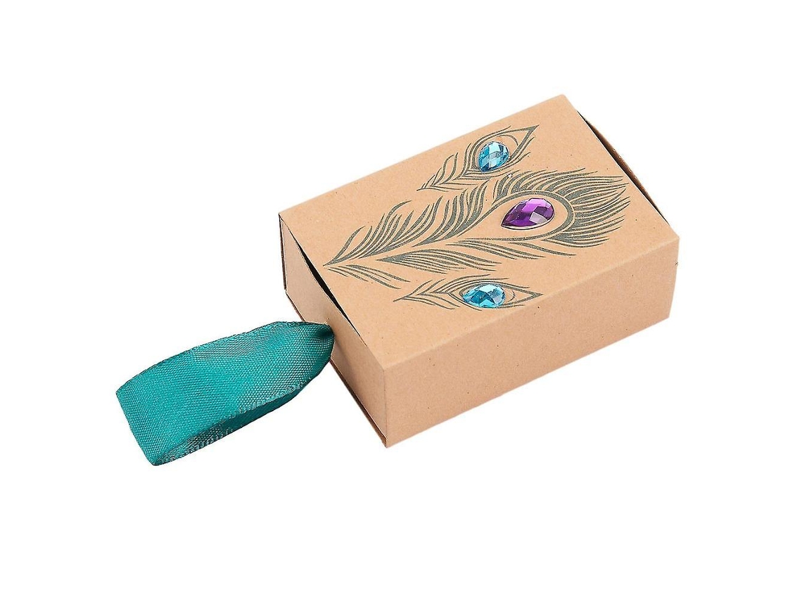 Caixa De Doces Com Design De Pena De Pavão, Artigos Para Casamento, Strass Artificial, Caixa De Presente Em Papel Kraft. Aquaforge