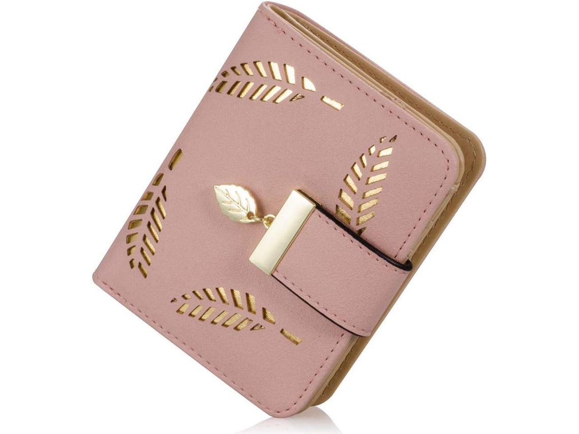 Carteira Mulher Pequena Pu Com Fecho, Porta-moedas Folha Vazada, Porta-cartões Elegante Rosa