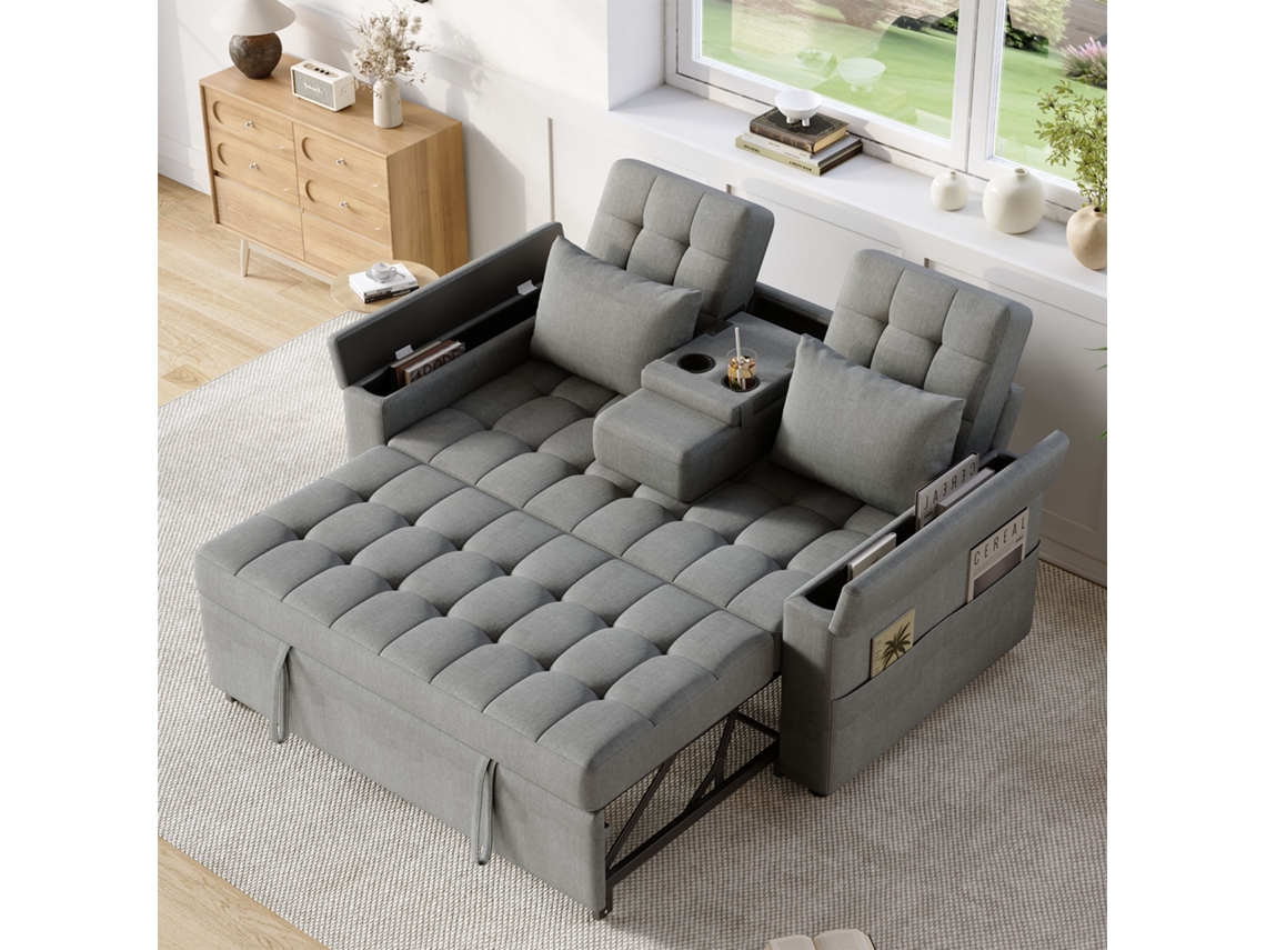 Sofá-cama De 2 Lugares - Com Arrumação, Encosto Ajustável, Apoios De Braços Com Compartimentos - Cinza