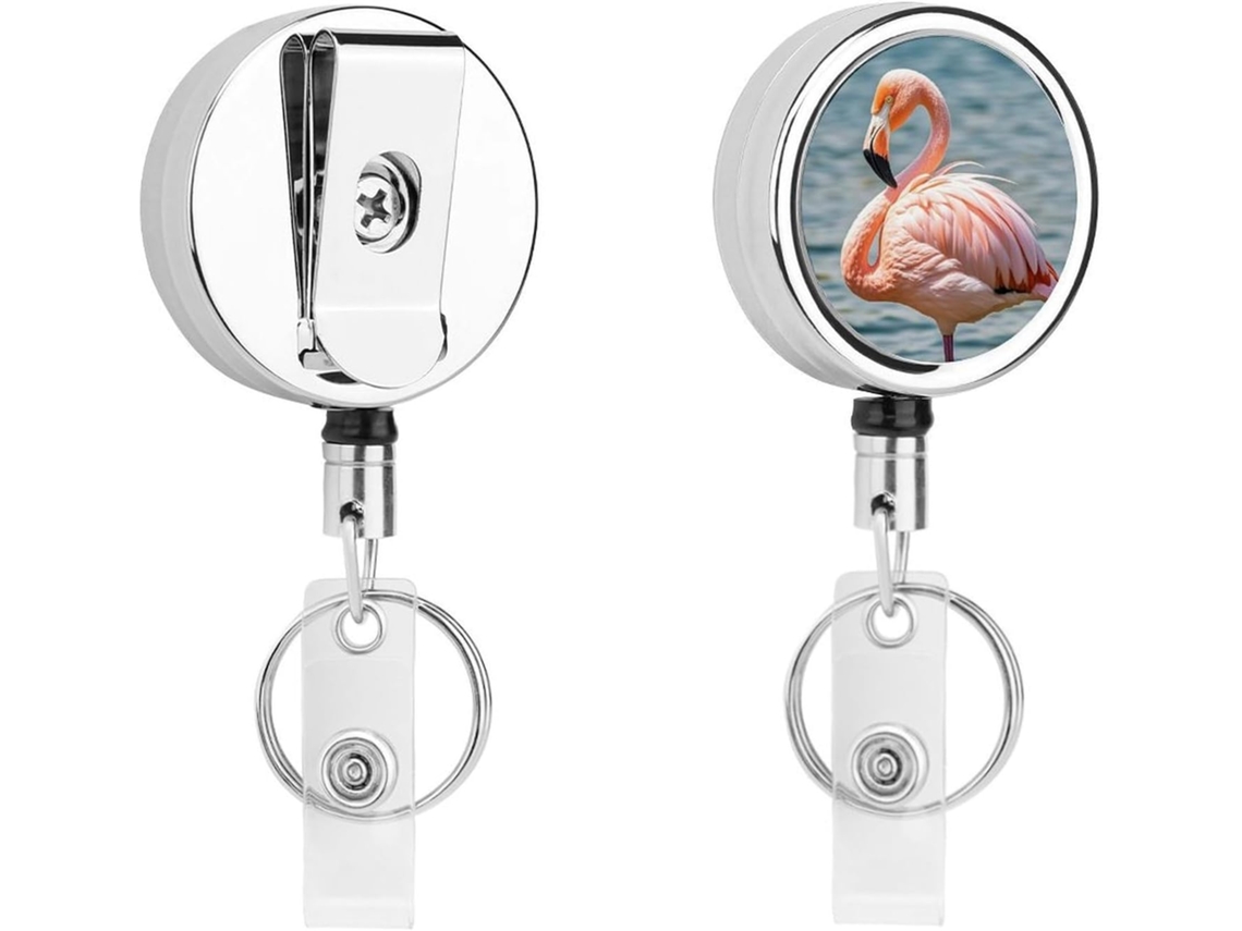 Porta Crachá Flamingo Rosa, Compacto E Leve, Retrátil, Em Metal, Com Clipe E Chaveiro, Ideal Enfermeiros