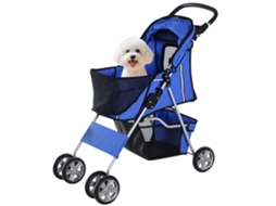 Carrinho para Cães Pequenos NOVAVEST com capota ajustável, cesto de armazenamento, porta copos e 2 rodas, 75x45x97 cm, azul