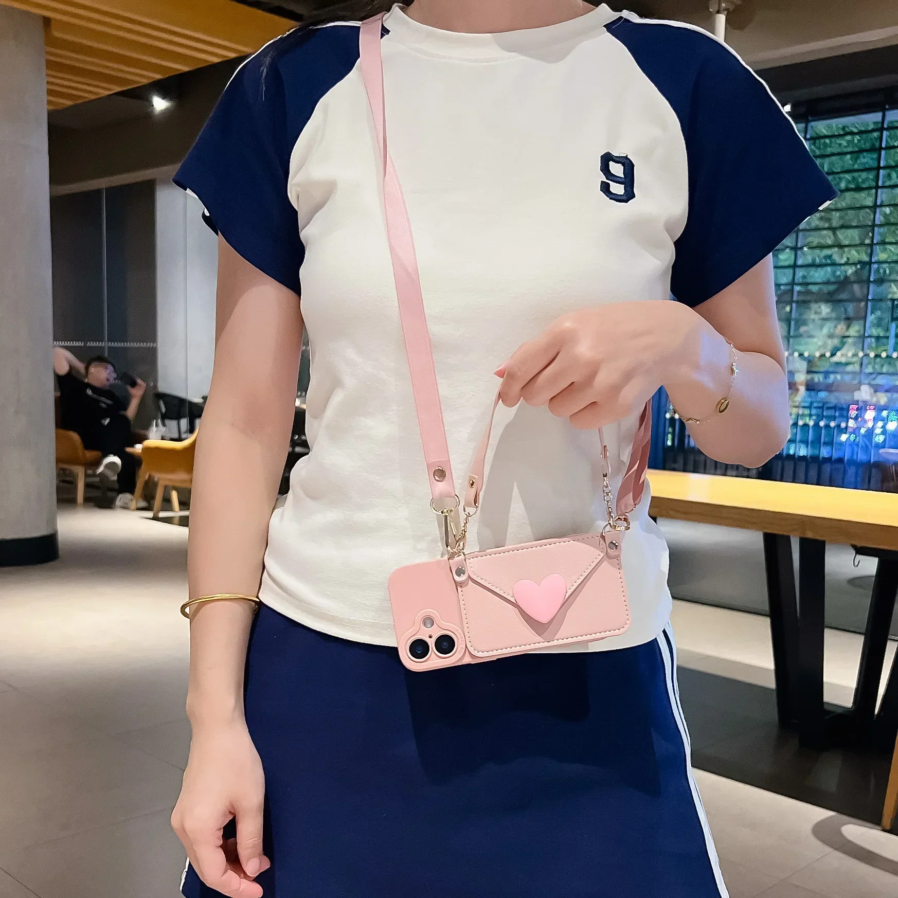 Colar Transversal (iphone 11 Pro Max Rosa) Com Porta-cartões, Capa De Celular Roxa E Protetor De Moedas.