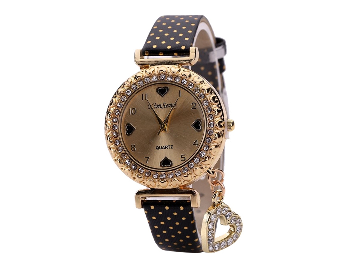 Relógio de Quartzo Feminino com Pulseira de Couro Pu e Pingente de Coração Oco com Strass