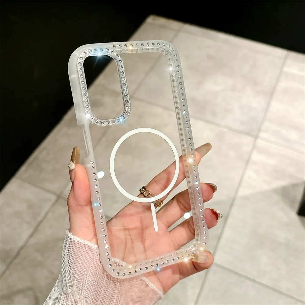 Capa Magnética Transparente Para Celular (branca S25 S24), Capa Rígida Com Glitter