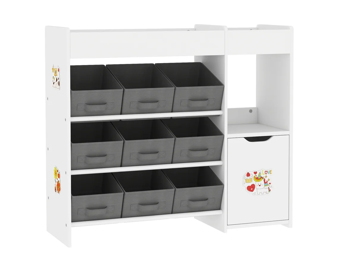 Organizador de brinquedos com 9 cestos removíveis, compartimentos e autocolantes, 92x30x80cm, branco e cinza BTFORUS