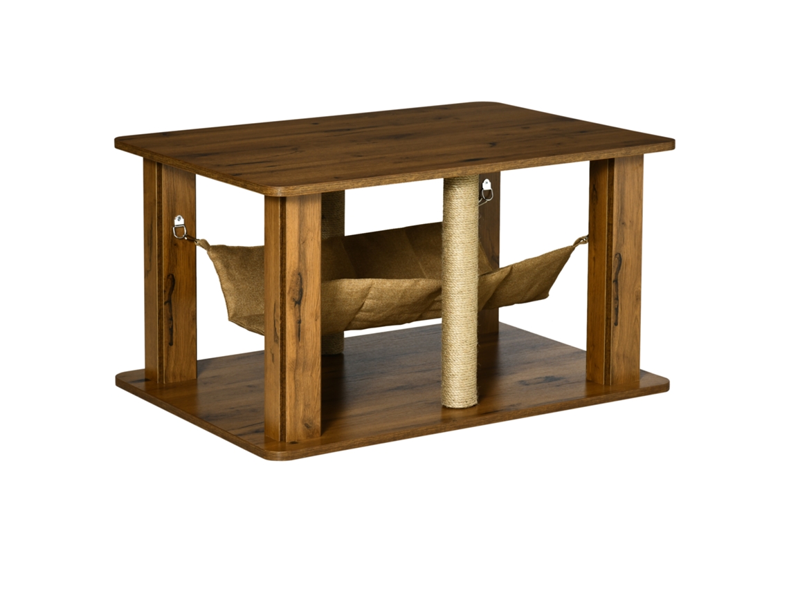 Mesa De Centro Em Formato De Rede Com 2 Postes De Juta Para Arranhar E Prateleira Inferior Para Armazenamento, 79 X 59 X 45,5 Cm, Marrom.