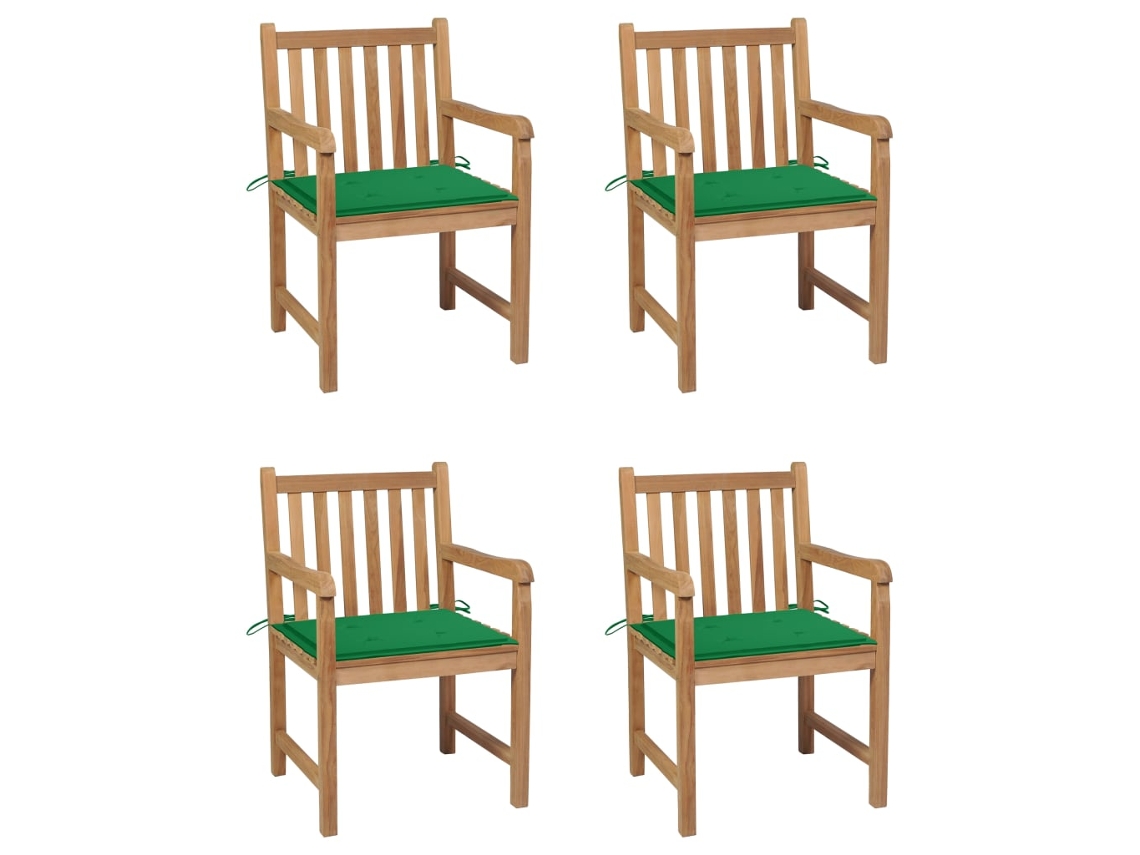 Vidaxl Cadeiras De Jardim C/ Almofadões Verdes 4 Pcs Teca Maciça