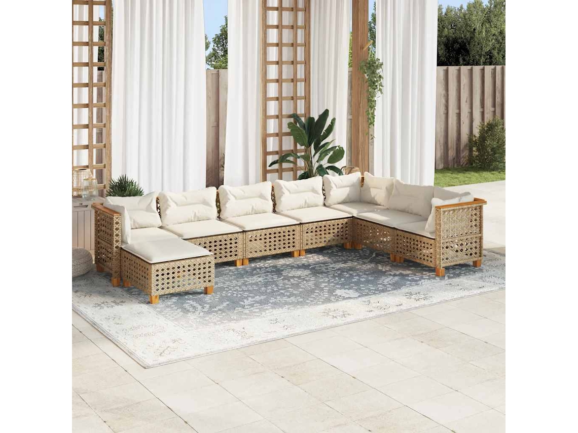 Vidaxl 8 Pcs Conjunto De Sofás P/ Jardim Com Almofadões Vime Pe Bege