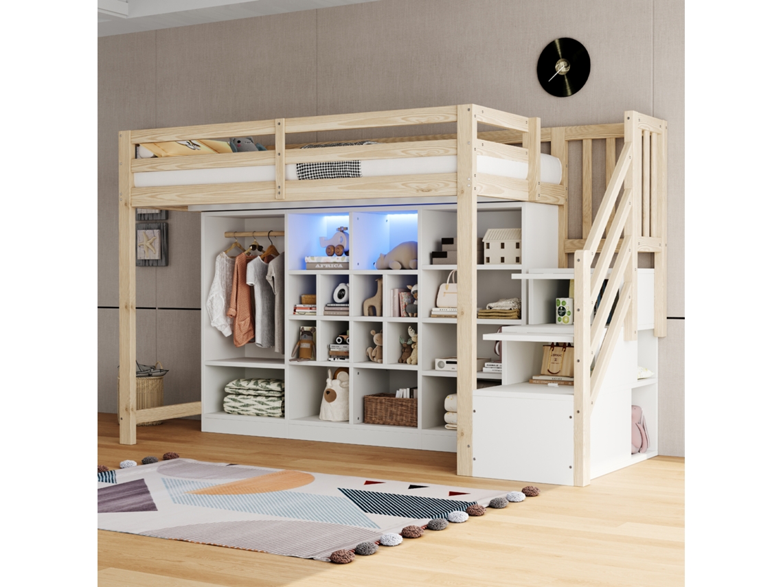 Cama Alta 90x200cm Madeira Com Gavetas Armário Led E Escada Lateral