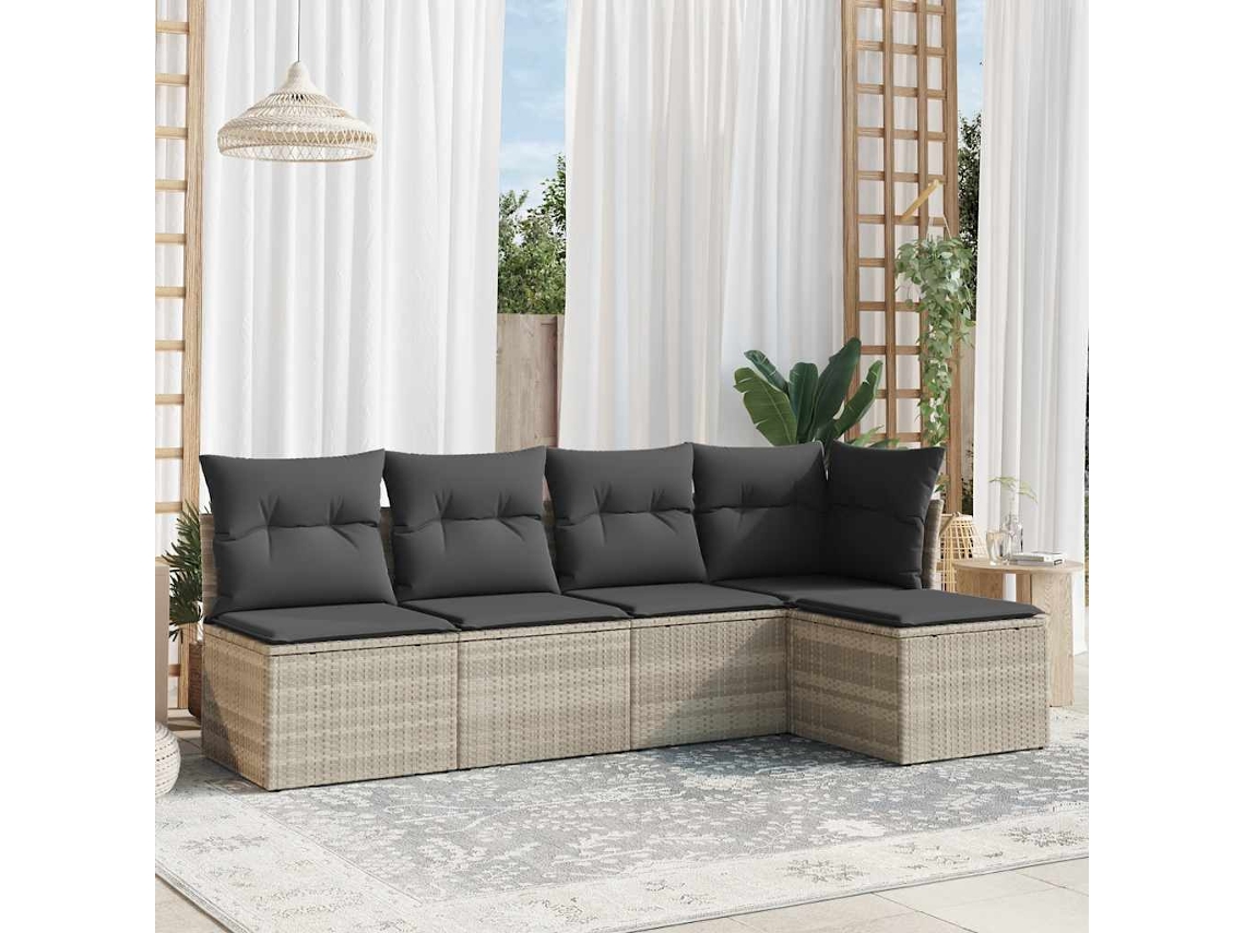 Vidaxl 5 Pcs Conj. Sofás Jardim C/ Almofadões Vime Pe Cinzento-claro