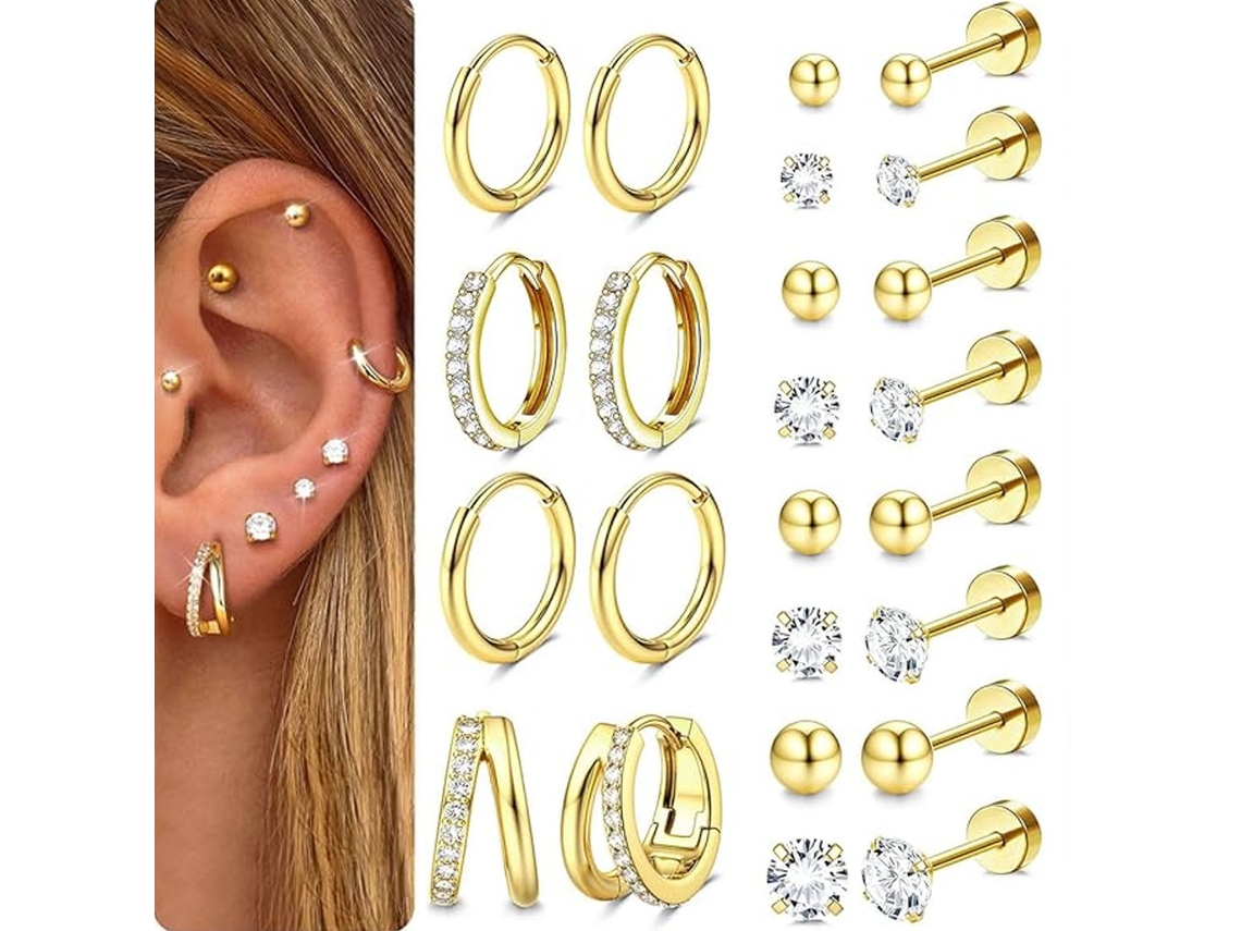 Brincos, 12 Pares De Brincos De Aço Inoxidável Com Zircônia, Para Orelhas Sensíveis (dourado) Spqment