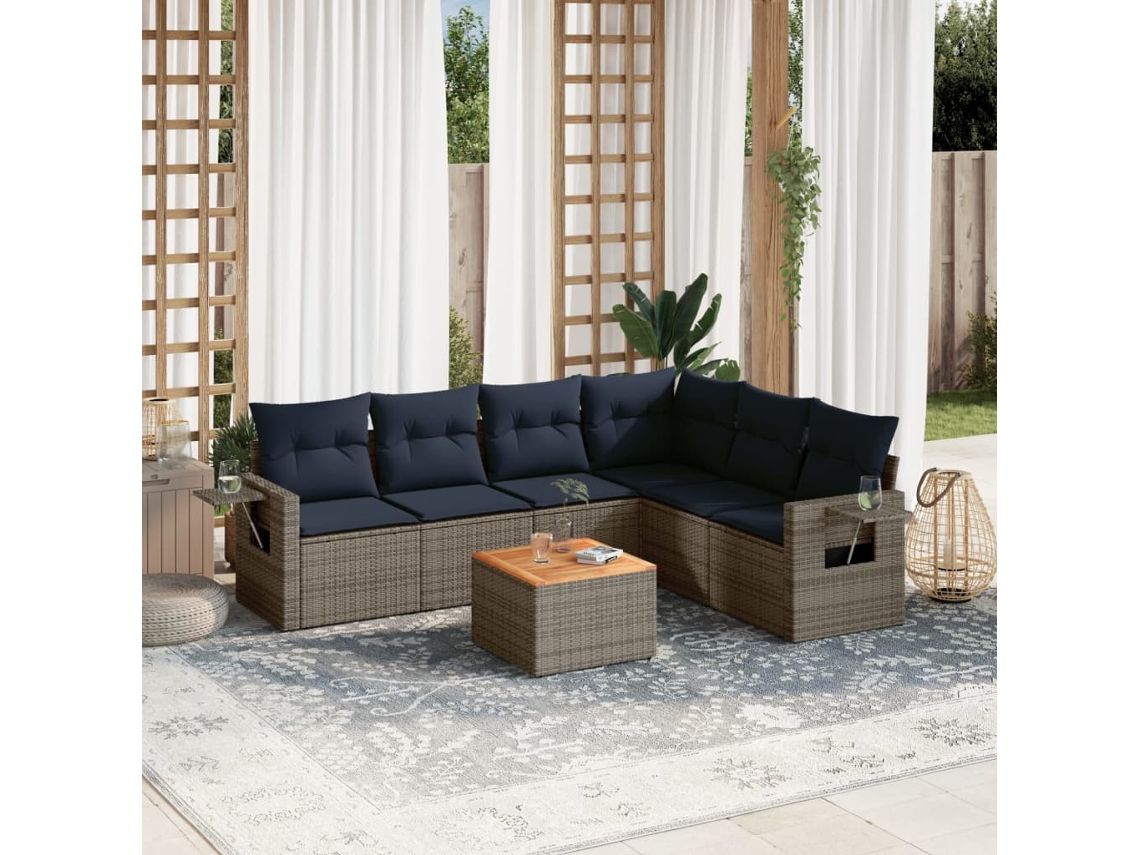 Vidaxl Conjunto De Sofá De Jardim Com 7 Peças E Almofadas Em Rattan Sintético Cinza