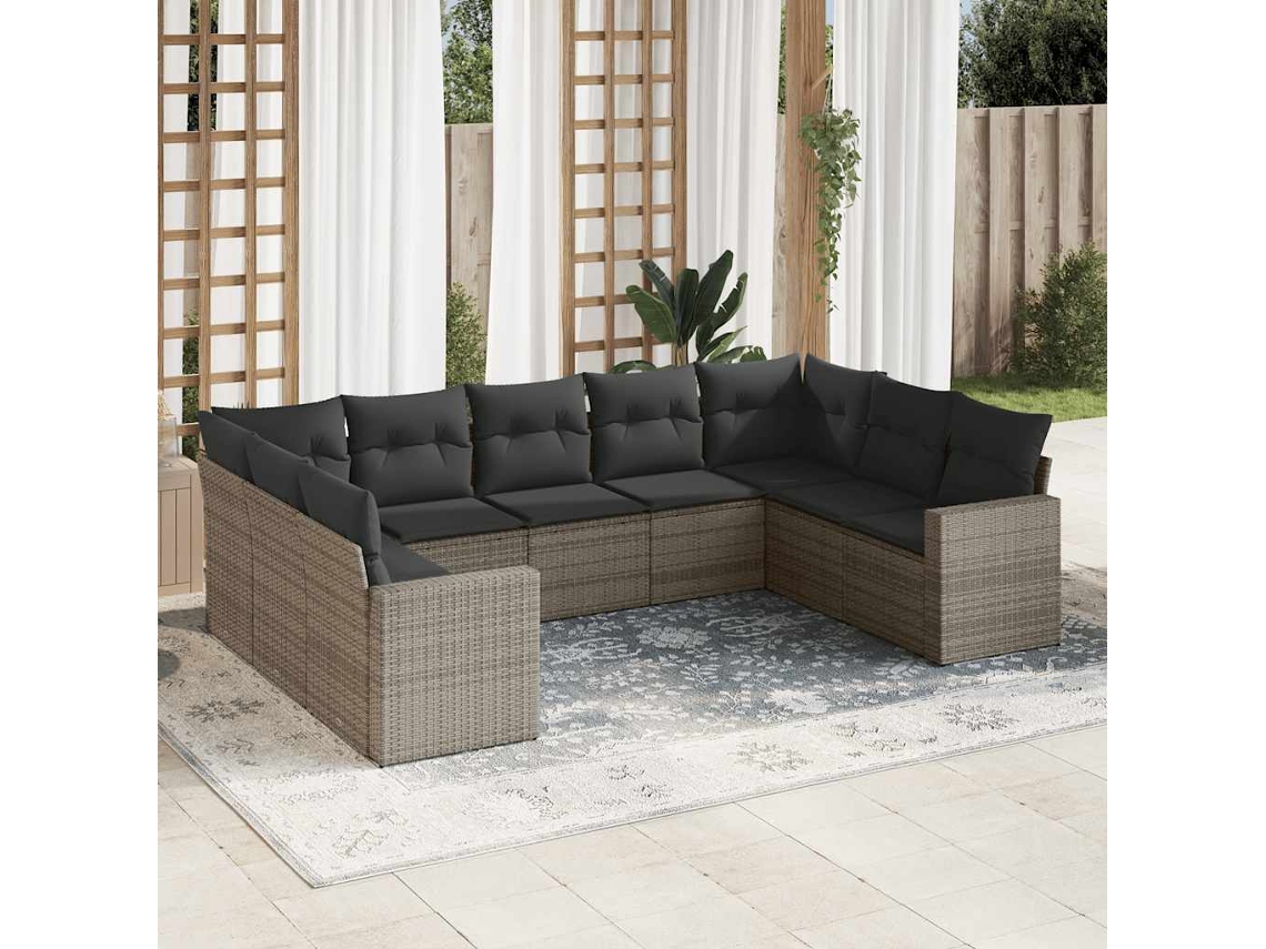 Vidaxl 9 Pcs Conjunto Sofás P/ Jardim Com Almofadões Vime Pe Cinzento
