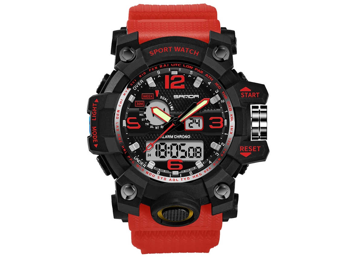 Relógio Eletrônico Multifuncional Sanda Resistente À Água Display Dual Esportivo Vermelho