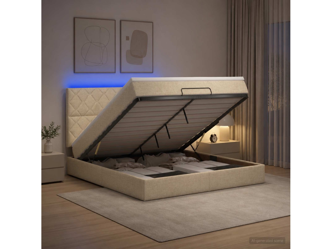 Vidaxl Cama Ottoman Com Colchão E Led Creme 180 X 200 Cm Tecido