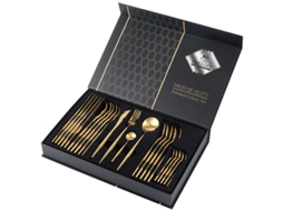 Conjunto De Talheres De Aço Inoxidável (24 Peças - Banhado A Ouro) Com Facas, Garfos E Colheres.