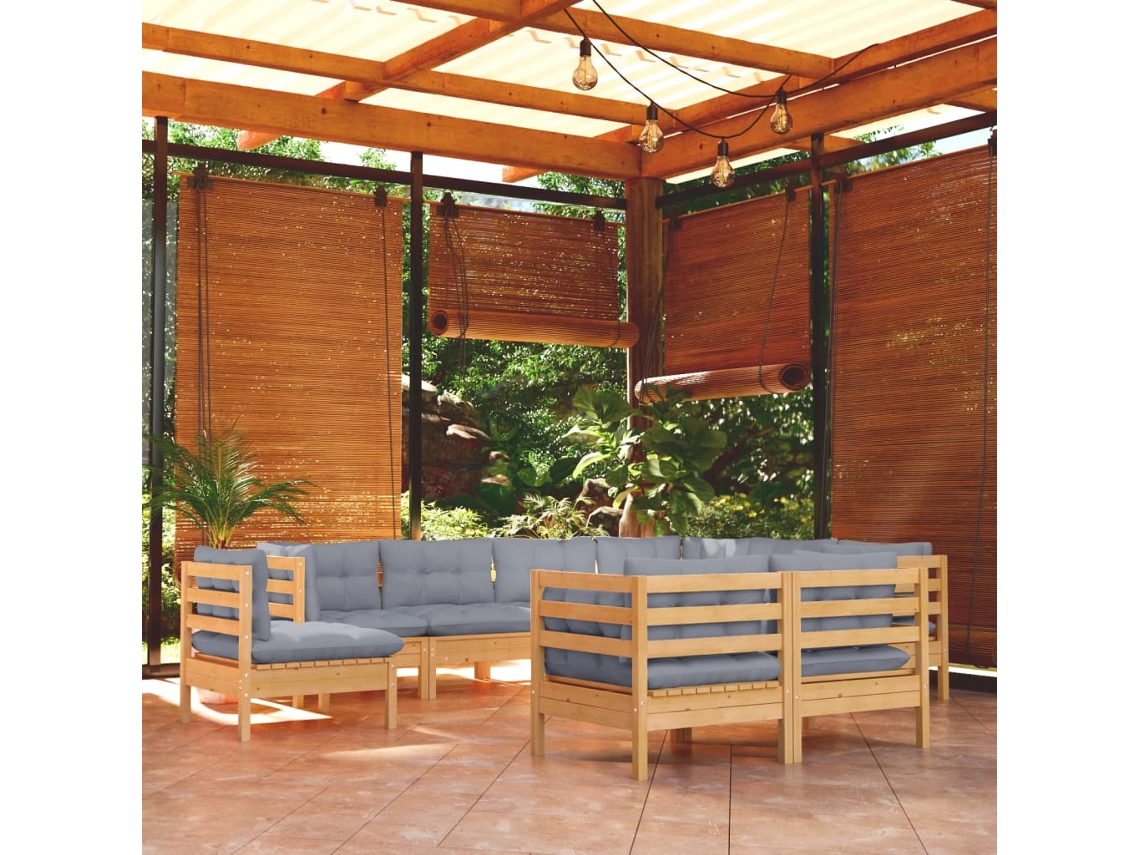 Vidaxl 9 Pcs Conjunto Lounge De Jardim + Almofadões Cinza Pinho Maciço