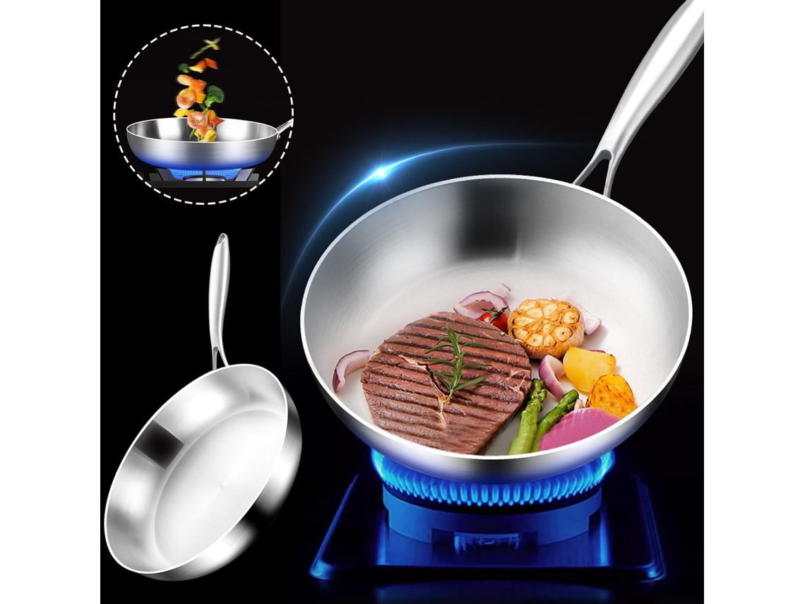 Frigideira De Aço Inoxidável 304 De 3 Camadas - Fundo Plano Sem Revestimento, Menos Óleo, Ideal Para Oferta