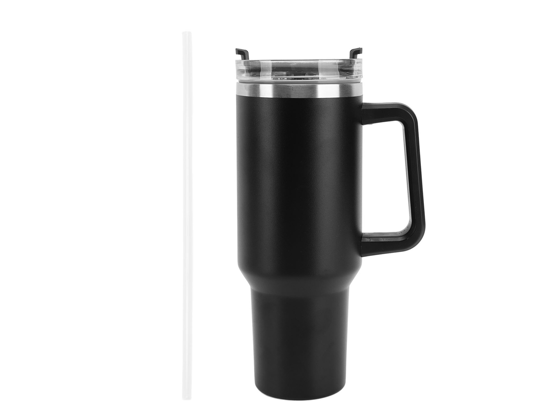 Garrafa Isolada 40oz com Canudo e Alça Aço Inoxidável Preta