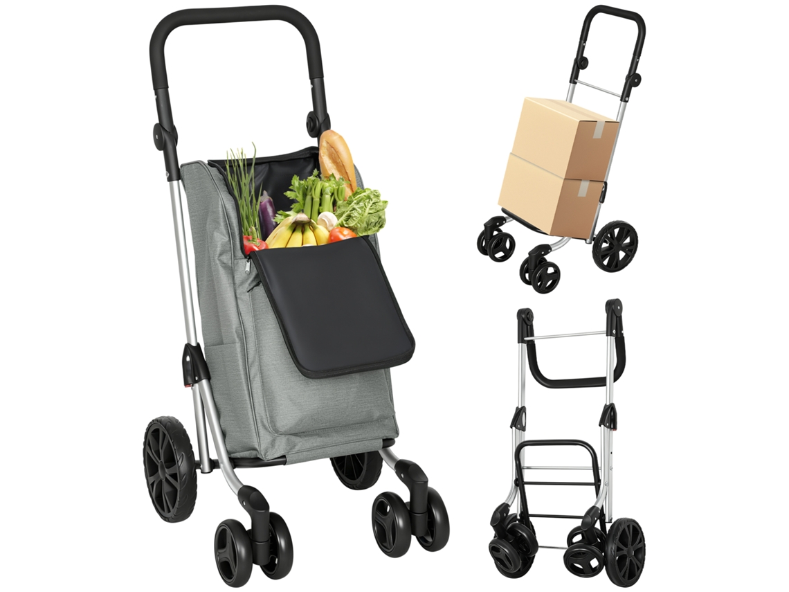 Carrinho de Compras 46l Dobrável 3 em 1 com 6 Rodas,bolsa Térmica e Alça Ajustável 44x58x100cm Cinza BTFORUS