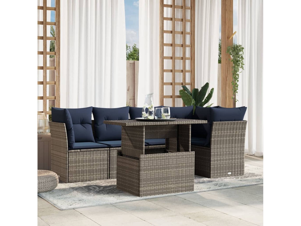 Vidaxl Conjunto De Sofá De Jardim Com 6 Peças E Almofadas Em Rattan Sintético Cinza
