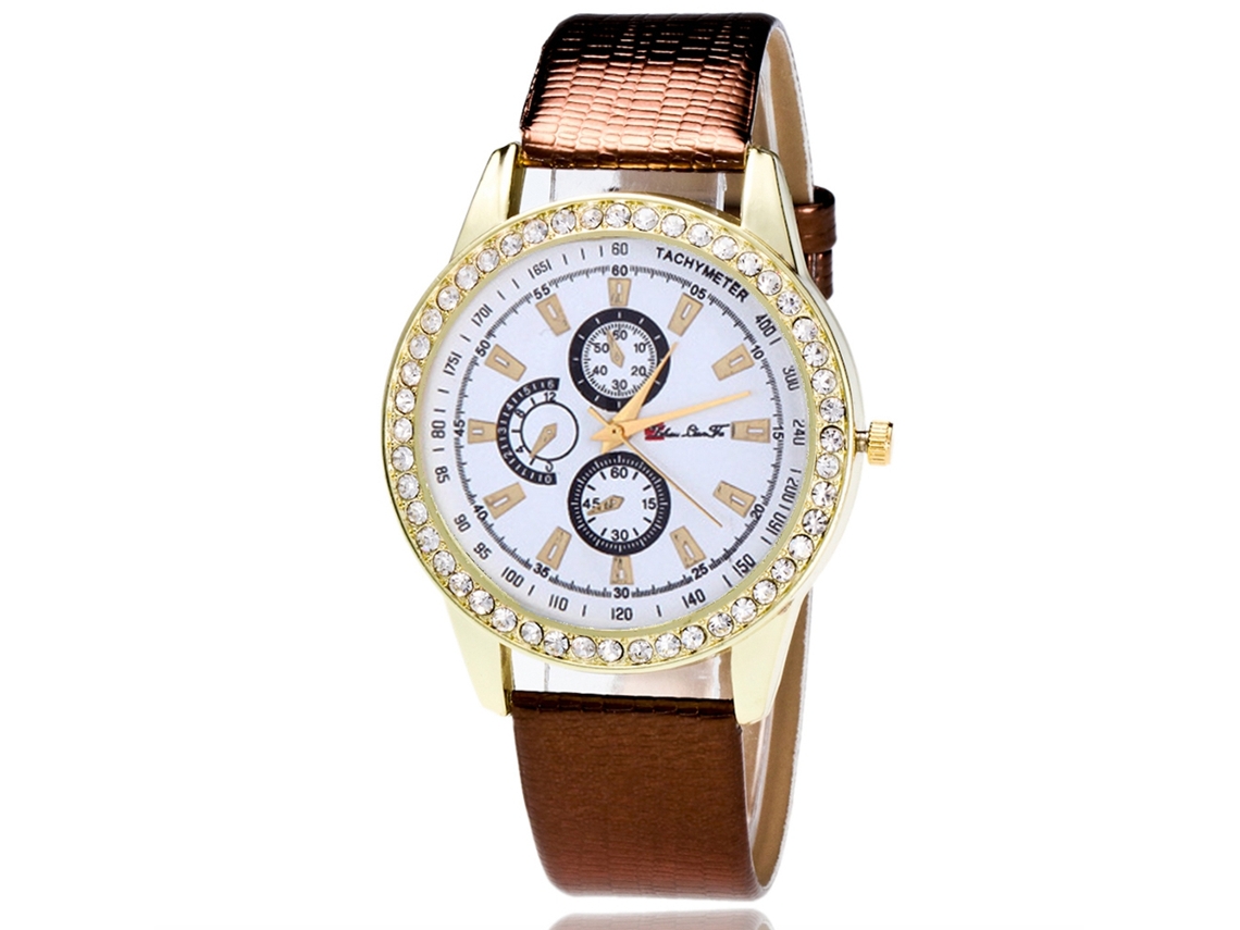 Relógio de Pulso Feminino de Quartzo Casual com Pulseira de Couro Pu Esfera Redonda Café