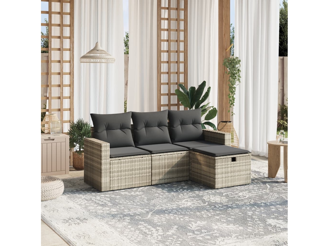 Vidaxl 4 Pcs Conj. Sofás Jardim C/ Almofadões Vime Pe Cinzento-claro