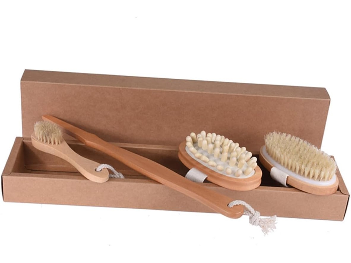Conjunto De 4 Escovas Banho Madeira Cáqui Callaron Para Limpeza Profunda E Remoção Poeira, Acessórios Práticos Para Uso