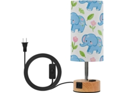 Base da mesa com três intensidades de luzes nevadas, cúpula de tecido, estampa de elefante azul com flores e folhas.