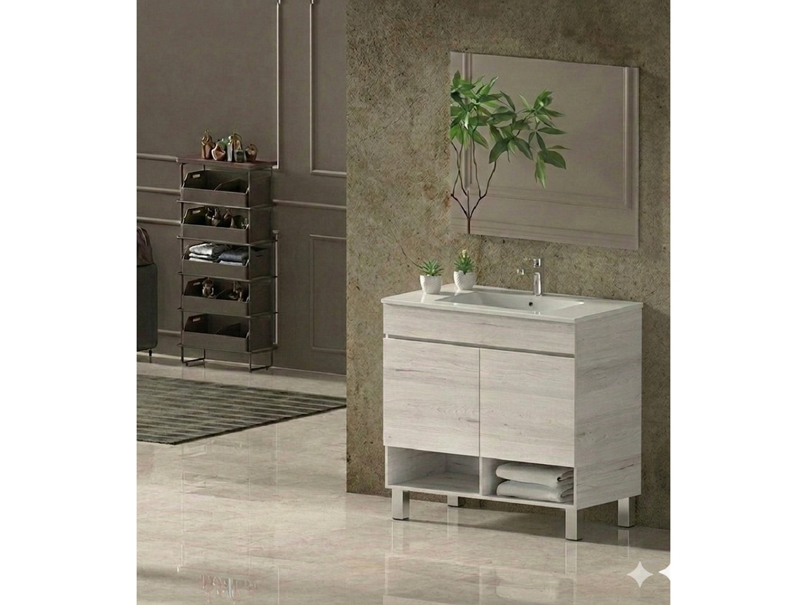 Conjunto Móvel De Casa De Banho Nebari Com Pés Já Montado 2 Portas, Lavatório E Espelho Branco Nórdico 80x40 Cm