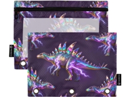 Pasta Plástica Com Estampa De Dinossauro Roxo, Com Janela Transparente E Fechamento Em Zíper Bolsa Grande Resistente 3 Argolas