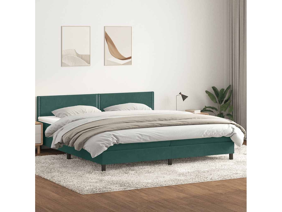 Cama Com Molas/colchão 180x220 Cm Veludo Verde-escuro