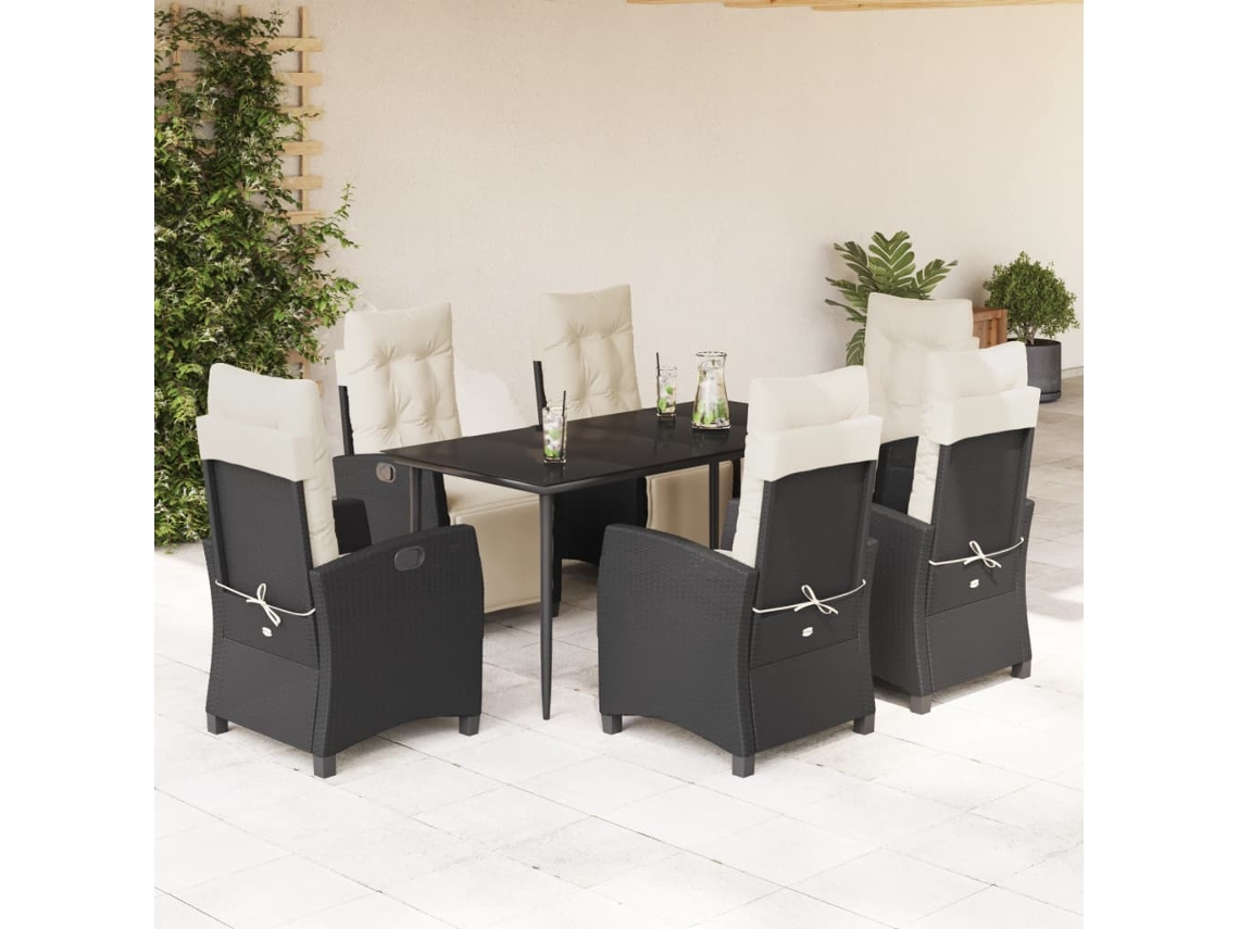 Vidaxl 7 Pcs Conjunto De Jantar P/ Jardim C/ Almofadões Vime Pe Preto