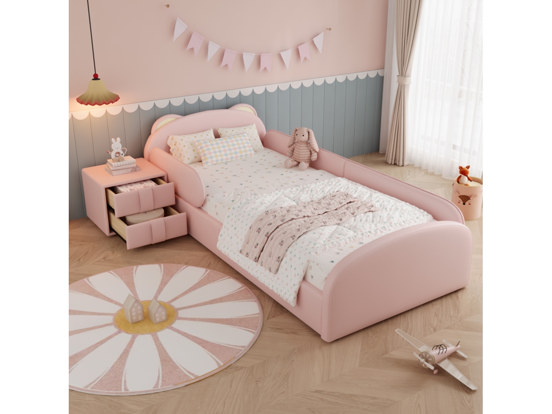 Cama Estofada Ursinho Cabeceira Mesa Anticolisão Veludo Rosa 90x200