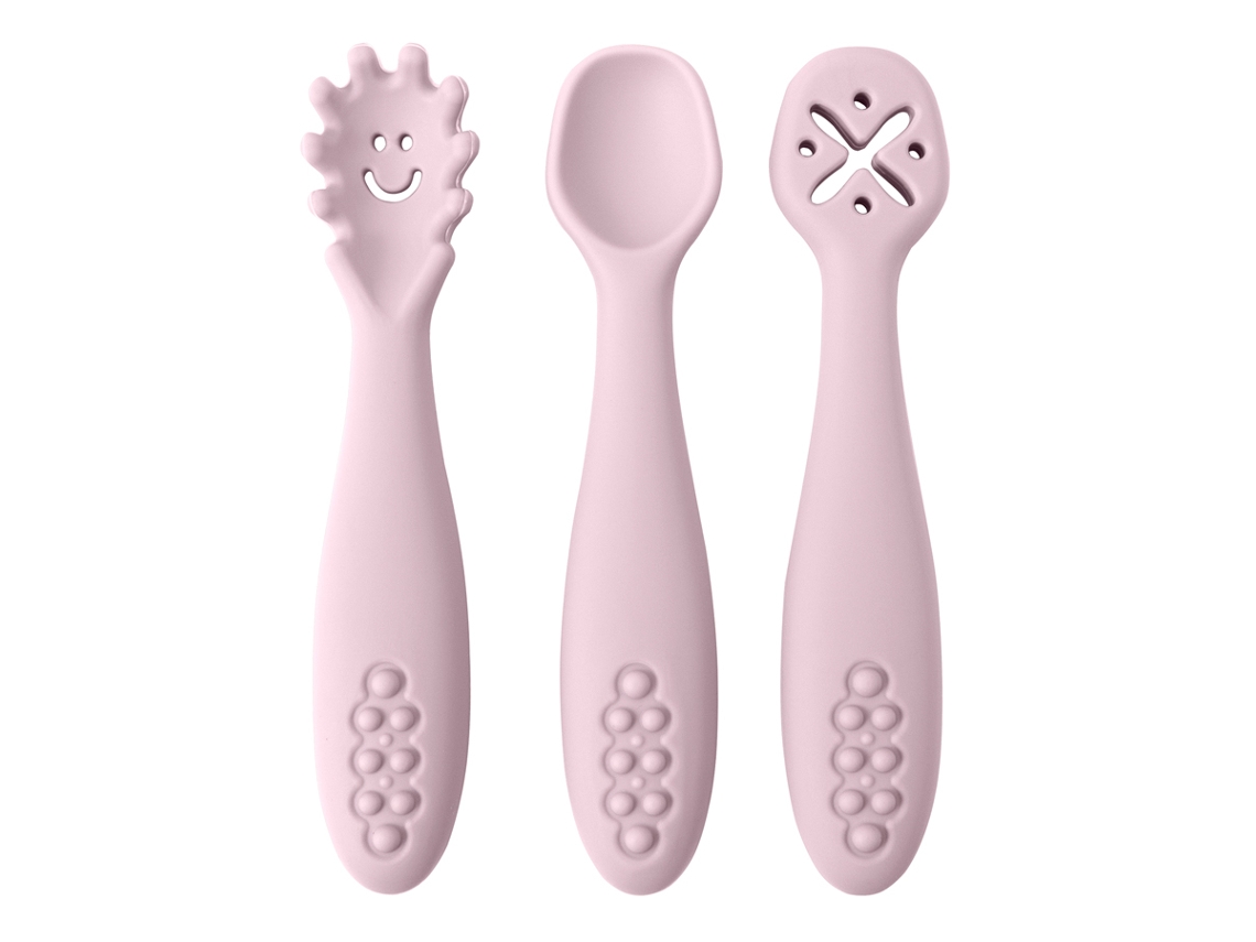 Conjunto De Talheres De Silicone Para Bebê (roxo Claro) Com 3 Peças, Incluindo Colher E Garfo Macios.